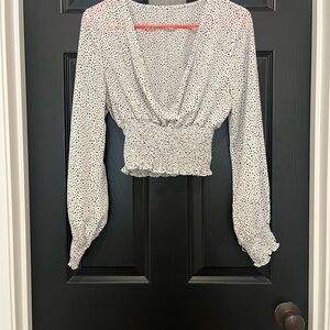 Cream Smocked Crop Blouse with Long Sleeves